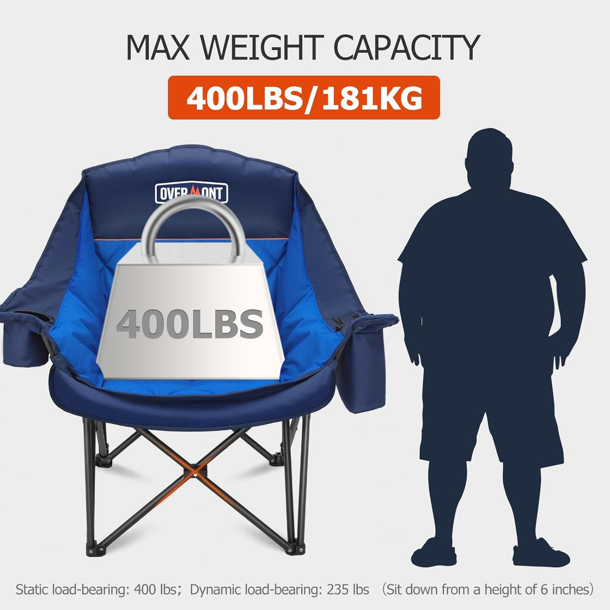 OVERMONT Extra grote inklapbare campingstoel, campingsofa, belastbaar tot 204 kg, opvouwbare campingstoel, gevoerd met bekerhouder, koeltas, hoge rugleuning, voor outdoor, indoor, camping, tuin, blauw