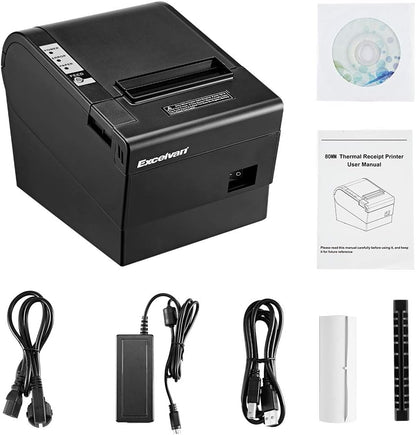 Excelvan Thermische printer, 80 mm, 300 mm/s, hoge snelheid, draagbaar, automatisch, met seriële poort, USB-poort, ladedeur, voor restaurant ESC/POS Shop