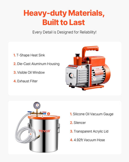 VEVOR 5 gallon vacuum chamber and 3.5 CFM pump kit, stainless steel chamber, single stage vacuum pump degassing chamber kit, with acrylic lid, oil, 1.5m hose, for degassing resin silicone epoxies