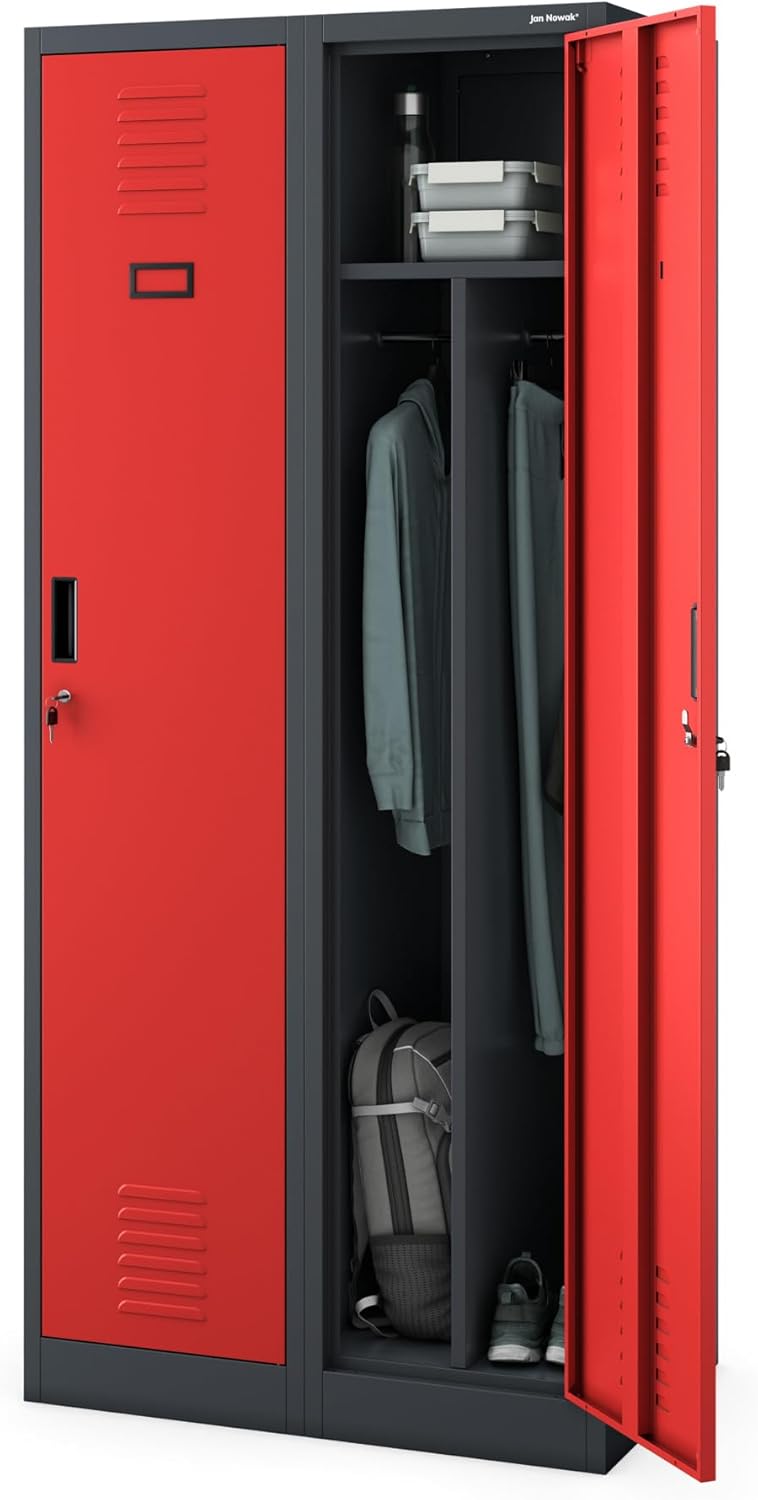 Stalen Kast Garderobekast Dubbele kast 2 compartimenten Etikethouder Scheidingswand Ventilatiesleuven Poedercoating 180 cm x 80 cm x 50 cm (Antraciet-Rood)