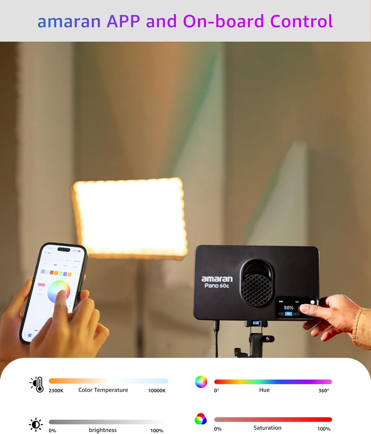 amaran Pano 60c Kit 60W RGBWW full-colour paneellamp met 22.220 Lux @ 0,5 m, USB-C PD, inclusief softbox, rooster, diffuser, draagtas voor fotografie en video - antraciet