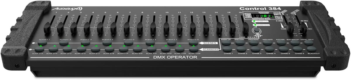 Audibax Control 384 - DMX-controller met 384 kanalen - besturing van 24 apparaten met 16 DMX-kanalen - activering van scènes per geluid, handmatig of automatisch - programmering van chases en