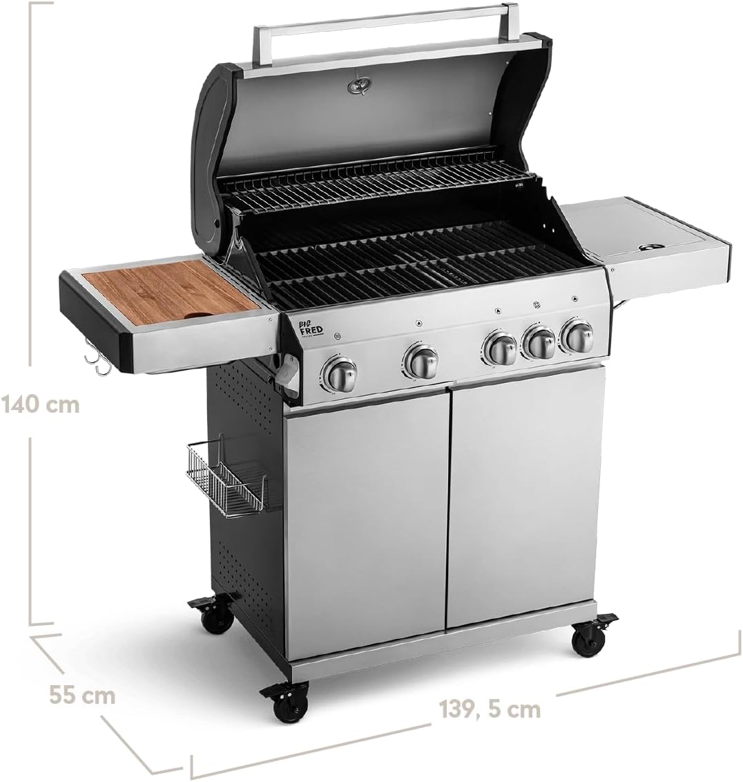 BURNHARD 4-Burner Gas Barbecue Big Fred, Stainless Steel Grill Trolley with Side Table, Cast Iron Grate, Thermometer, Piezo Ignition, Incl. Cover Cap, Ceramic Burners and Hob, 2022 Model - QUORE