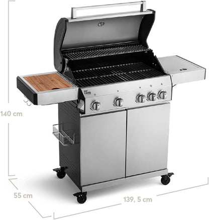BURNHARD 4-Burner Gas Barbecue Big Fred, Stainless Steel Grill Trolley with Side Table, Cast Iron Grate, Thermometer, Piezo Ignition, Incl. Cover Cap, Ceramic Burners and Hob, 2022 Model - QUORE