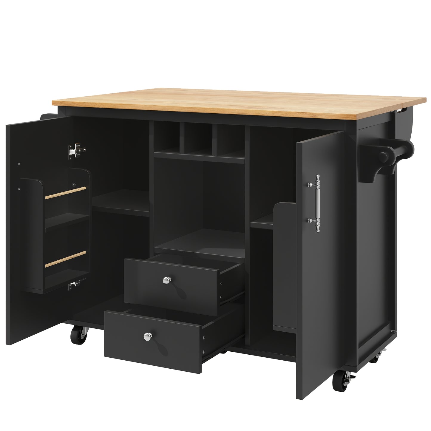 All-in-One Kitchen Island Buffet Cabinet with Folding Worktop, Heavy-Duty Non-Wood Construction, Adjustable Shelves, Wine Rack (Holds 4 Bottles), Door Shelf, Towel Rack - Space-Saving Mobile Kitchen Trolley for Small Kitchens