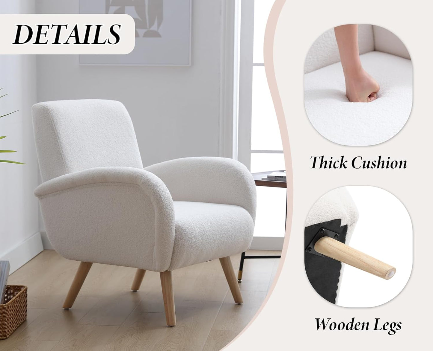 Armchair Upholstered Chair Modern Fur Chair with Wooden Legs Upholstered Chairs for Bedroom/Living Room White