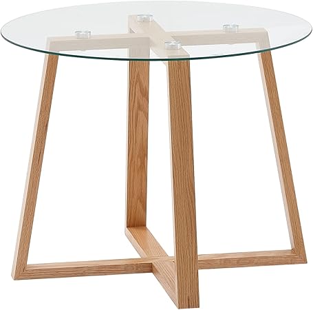 Salontafel – Woonkamertafel – Ronde Tafel – Koffietafel – Loungetafel – Gehard Veiligheidsglas – Massief Eikenhout – Afm. 58x47 cm – Compact Design - QUORE