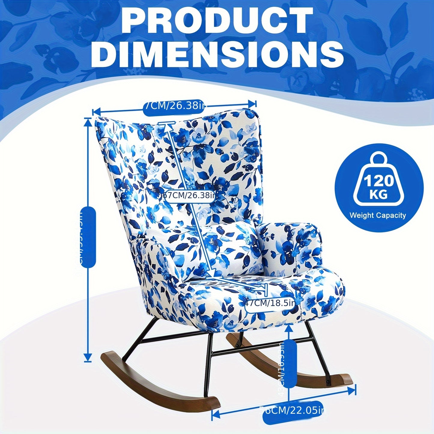 Schommelstoel – Schommelstoel Buiten – Tuinstoel – Loungestoel – Relaxstoel – Blauwe Bloemenprint – Met Stevig Metalen Frame – Houten Schommelbasis Met Comfortabel Kussen