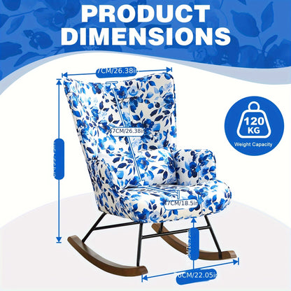 Schommelstoel – Schommelstoel Buiten – Tuinstoel – Loungestoel – Relaxstoel – Blauwe Bloemenprint – Met Stevig Metalen Frame – Houten Schommelbasis Met Comfortabel Kussen
