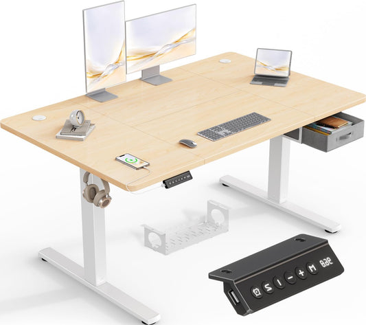 Elektrisch Verstelbaar Bureau – Zit-Sta Bureau – Verstelbaar Werkblad – Bureau Met Lades – Computertafel – Beige 140x80 cm – USB-A Poort – 3 Geheugenstanden