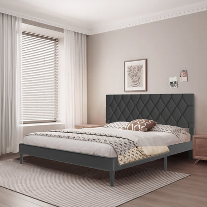 Upholstered Bed Frame Upholstered Bed with Headboard and Slatted Frame Bed Metal Platform Bed Frame Mattress Foundation, Leather, Beige/Black