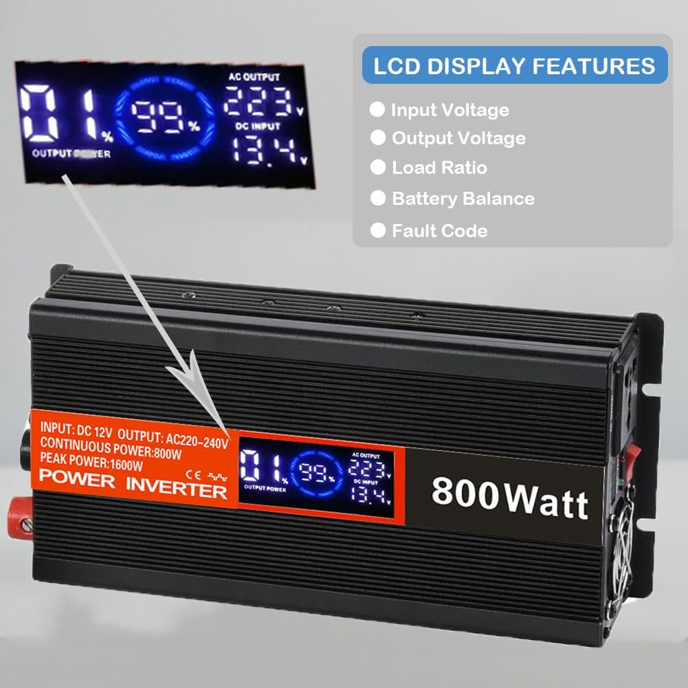 SolaMr 800W Omvormer DC 12V naar AC 220V/240V met LCD-display en USB-oplaadpoorten Hoogfrequent omvormer voor op het voertuig gemonteerde systemen en kamperen in de wildernis, thuissystemen - 800W
