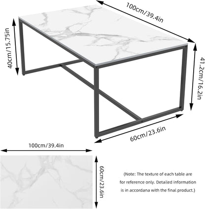 Rechthoekige salontafels gesinterde steen: witte salontafels 100 cm lang wit marmeren tafelblad met stevige metalen poten moderne bank middentafels voor woonkamer meubels decor