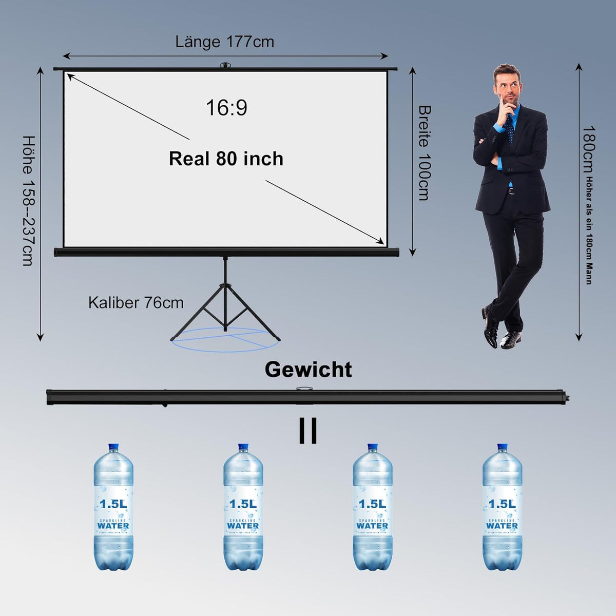 80” Projector Screen met Statief 16:9 4K HD Projectiescherm 160° Instelbare Kijkhoek voor Thuisbioscoop, Vergaderruimte, Bruiloften
