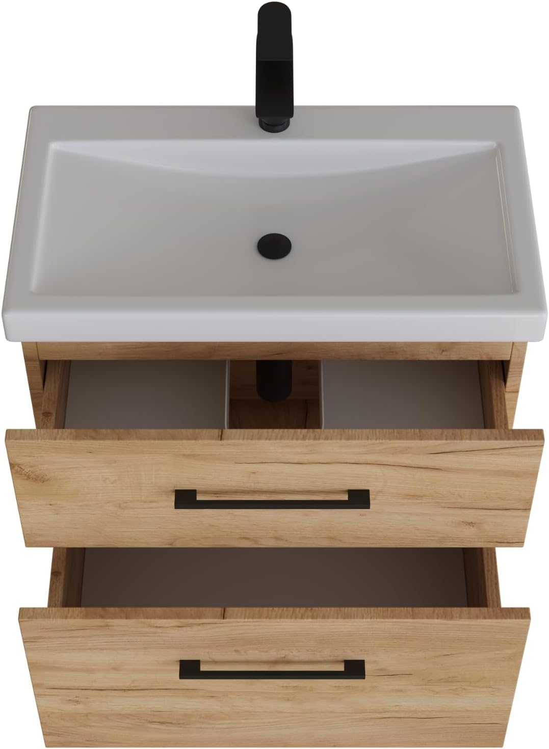 Planetmöbel bathroom furniture set washbasin with vanity unit 63 x 60 x 36.5 cm, mirror cabinet 60 cm with LED lighting (matt black) & socket, with midi cabinet, gold oak - QUORE