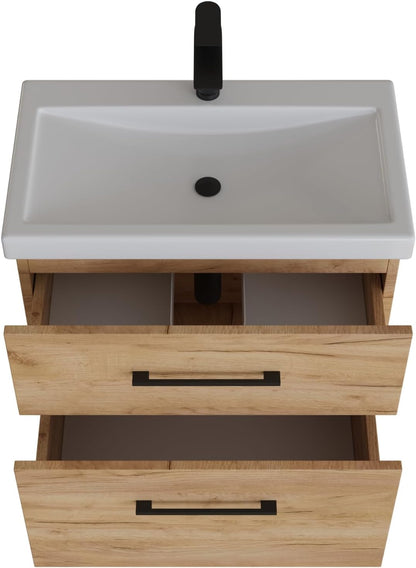 Planetmöbel bathroom furniture set washbasin with vanity unit 63 x 60 x 36.5 cm, mirror cabinet 60 cm with LED lighting (matt black) & socket, with midi cabinet, gold oak - QUORE