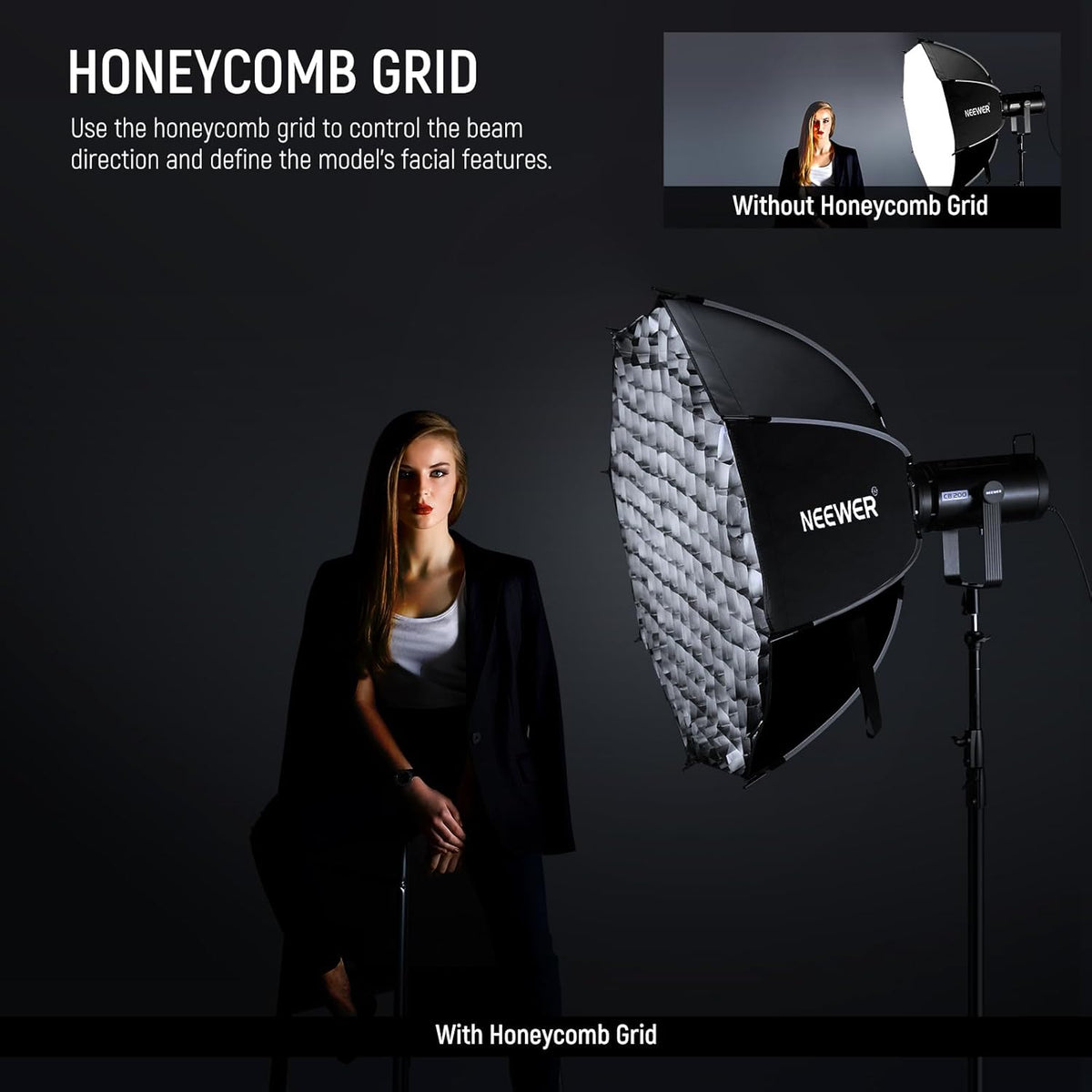 NEEWER Bowens Mount Soft Box Compatibel met Aputure 120d Compatibel met Godox SL60w Q4 AS600B CB300B Q300 Licht, diffusers, rooster, tas en reinigingsdoek, NS92P