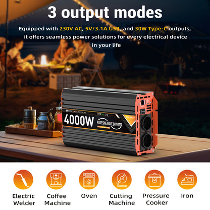Peak Power 4000W Heavy-Duty Car Power Inverter with LCD Display, Continuous 2000W Output, AC Outlets (European Schuko), 2 USB Ports & Type-C, Remote Controller - for RV, Truck, Solar, Boat, Home Backup - Compatible with 12V/2