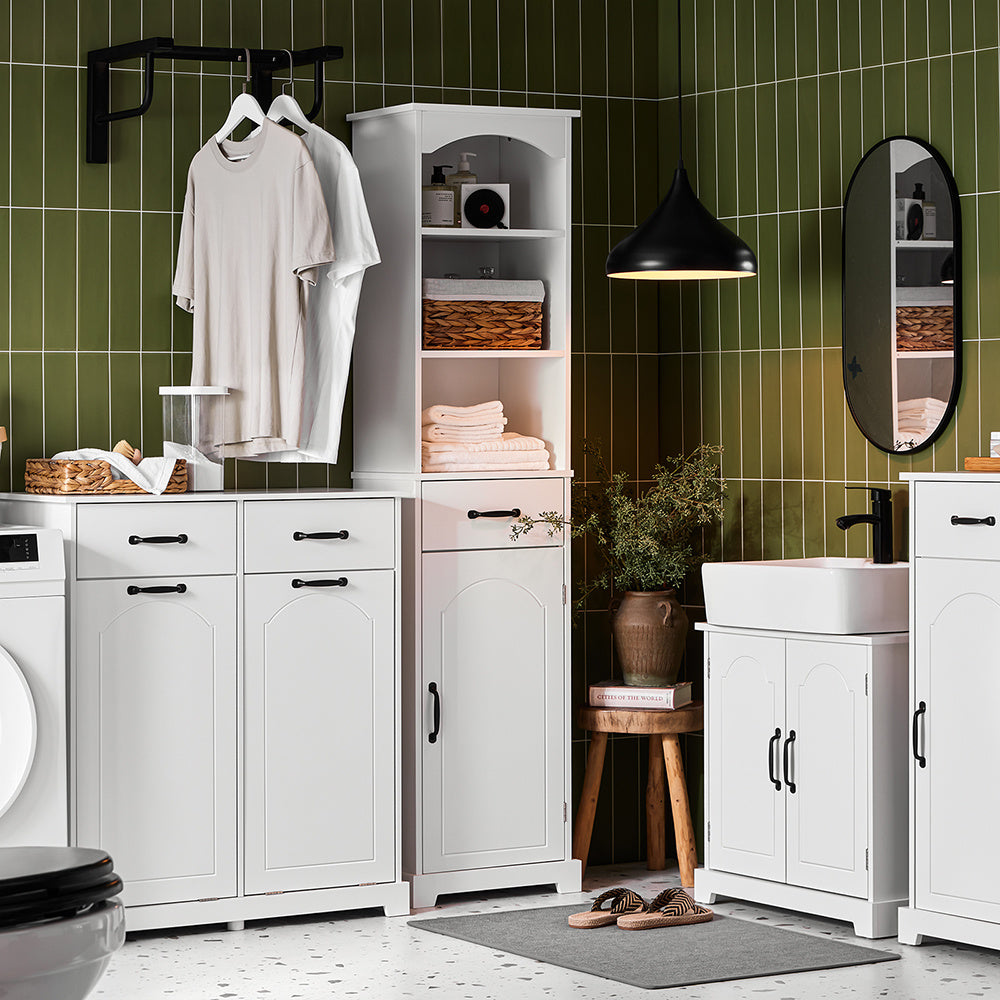 Badmeubel – Wasmand Kast – Opbergkast Badkamer – Smalle Wasruimte Kast – Badkamermeubel – Houten Kast met 2 Grote Wasmanden – Compact 79,5x38x90 cm – Vochtbestendig MDF
