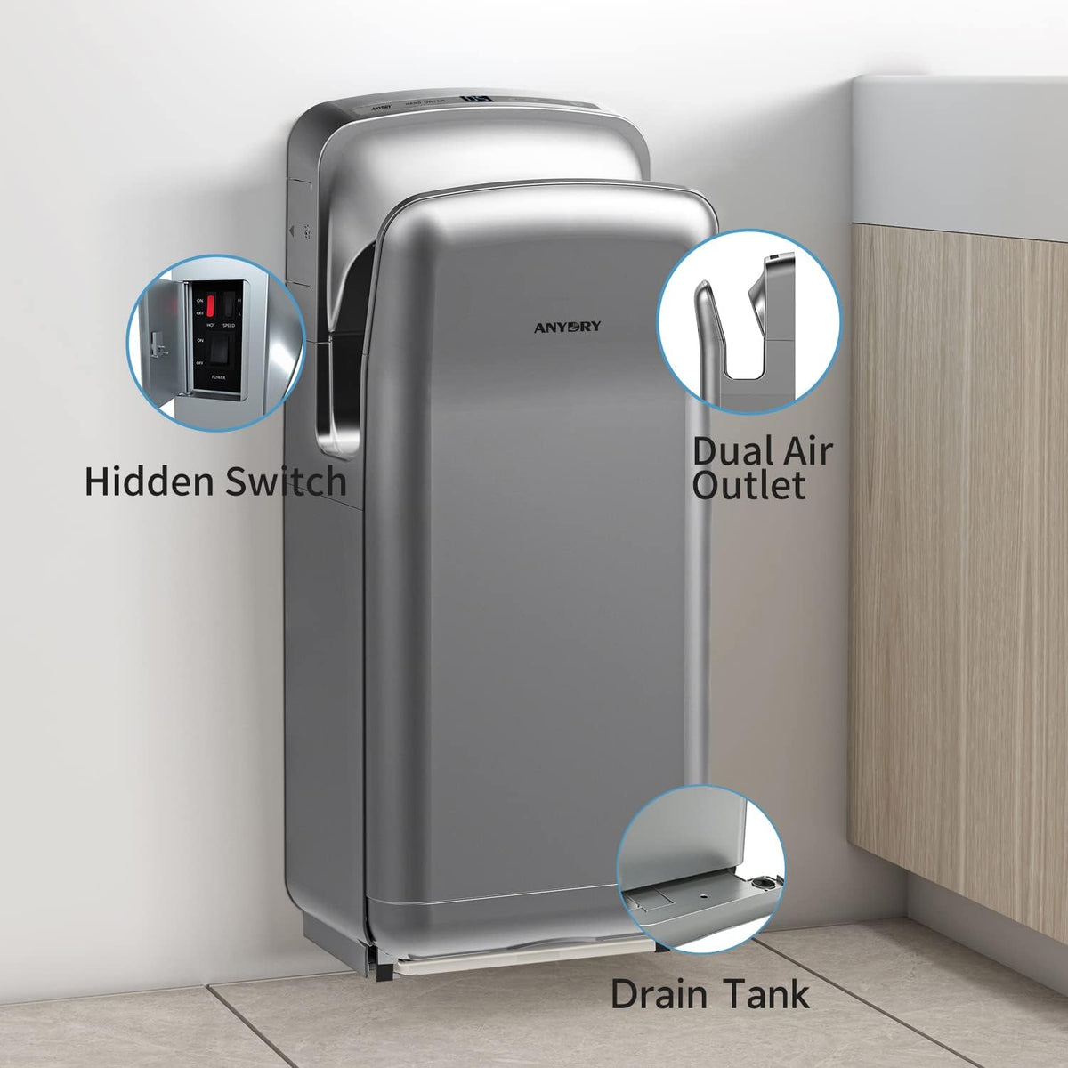 anydry 2005H Handdroger, Commerciële Elektrische Handdroger, met HEPA-filter, Super Krachtig, 7-10 Seconden om te Drogen, 1750-2050W (Zilver)