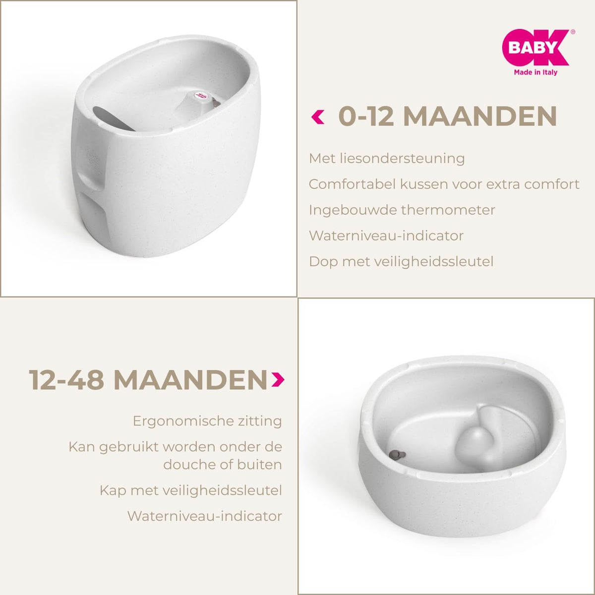 OKBABY Unica - Badkuip 0-4 jaar met dubbel gebruik, ingebouwde thermometer en ergonomische ondersteuning - Badkuip en minizwembad voor kinderen - Graniet