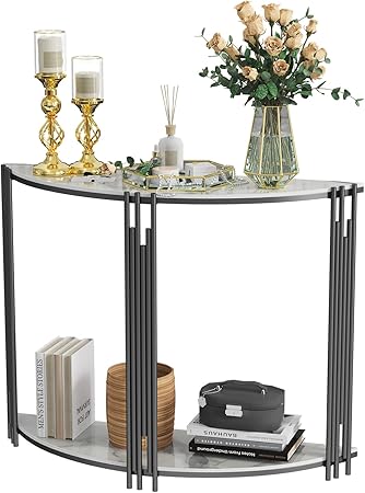 Haltafel – Console Tafel – Sidetable – Wandtafel – Entree Tafel – Halvemaanvormig – Sintered Steen Blad – 2-laags 100x30x78 cm – Witte Marmerlook