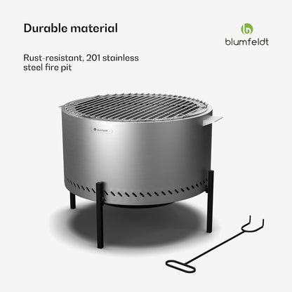 blumfeldt Ignite Pure vuurschaal - bijna rookvrij, roestvrijstalen frame, draagbaar en compact, incl. grillrooster en regenbescherming, gemakkelijk schoon te maken, perfect voor tuin & camping