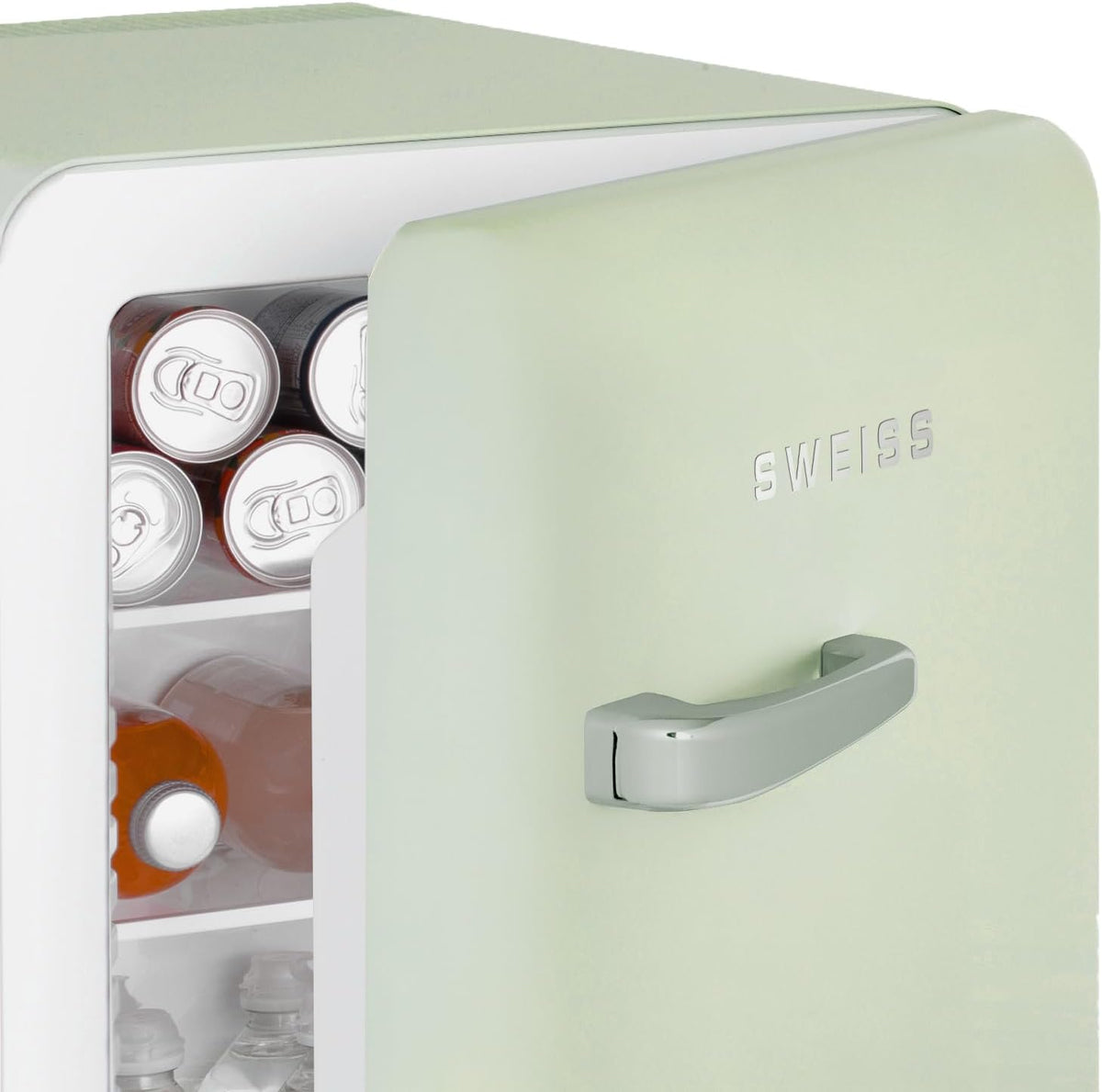 H.Koenig SWEISS Mini-koelkast, retrostijl, wit, vintage, 31 l, compact, voor levensmiddelen, dranken, cosmetica, temperatuur instelbaar 6°-15°C, 24dB, verstelbare poten, groen