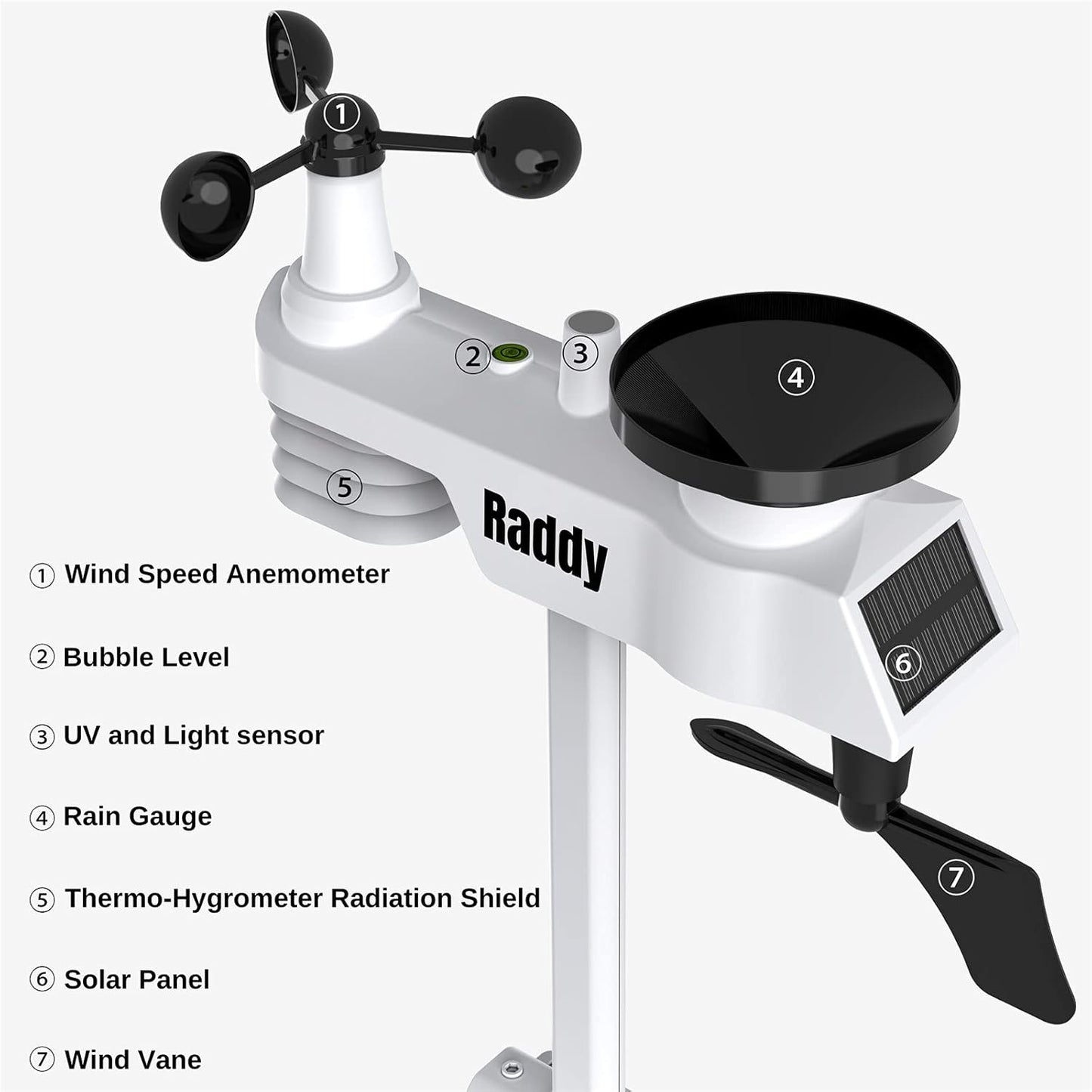 Raddy WF-100C Weerstation met buitensensor radio, 14-in-1 wifi-binnen-buitenthermometer met 10 inch digitaal kleurendisplay, windmeter, regenmeter, zonnesensor voor thuis, kantoor, tuin