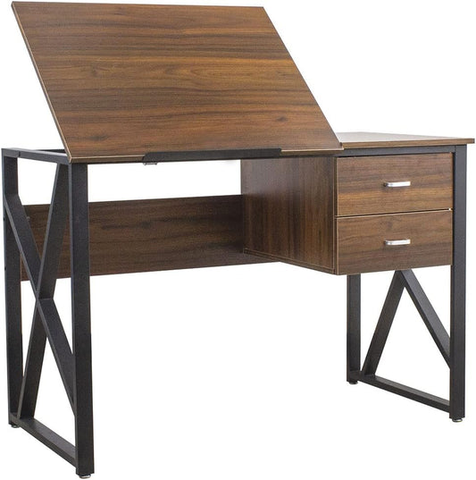 BAKAJI Bureau met laden, 2 laden en kantelbaar tafelblad, voor de werkplek, computer, frame van metaal en tafelblad van MDF-hout, interieur, thuis, kantoor, 110 x 75 x 55 cm (gietijzer)