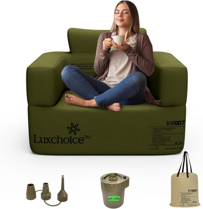 Opblaasbare sofa, camping, 1 persoon, luchtbank, camping, opblaasbare bank, opblaasbare outdoor luchtbank met armleuning en draagbare pomp