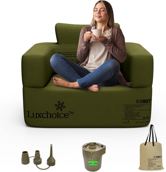 Luxchoice Opblaasbare sofa, camping, 1 persoon, luchtbank, camping, opblaasbare bank, opblaasbare outdoor luchtbank met armleuning en draagbare pomp