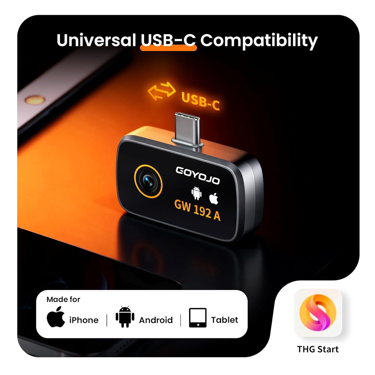 USB-C Warmtebeeldcamera, 192×192 IR-oplossing, 50° Groothoek, Ideaal voor Gebouweninspecties, Elektrische Tests en Pijpleidinginspecties (Compatibel met iOS en Android, Inclusief Lightning-adapter)