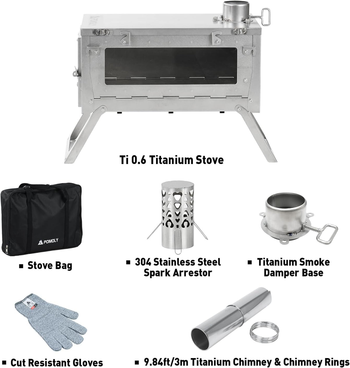 POMOLY Ti 0.6 Lichte titanium kachel, draagbaar, voor camping, outdoor, 3 m slang