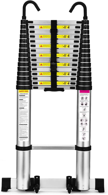 HBTower Telescopische ladder, aluminium, met haken, lichte uittrekbare ladder, uitschuifbare ladder, inklapbare ladder voor zolders, caravans, 150 kg draagvermogen, zilver