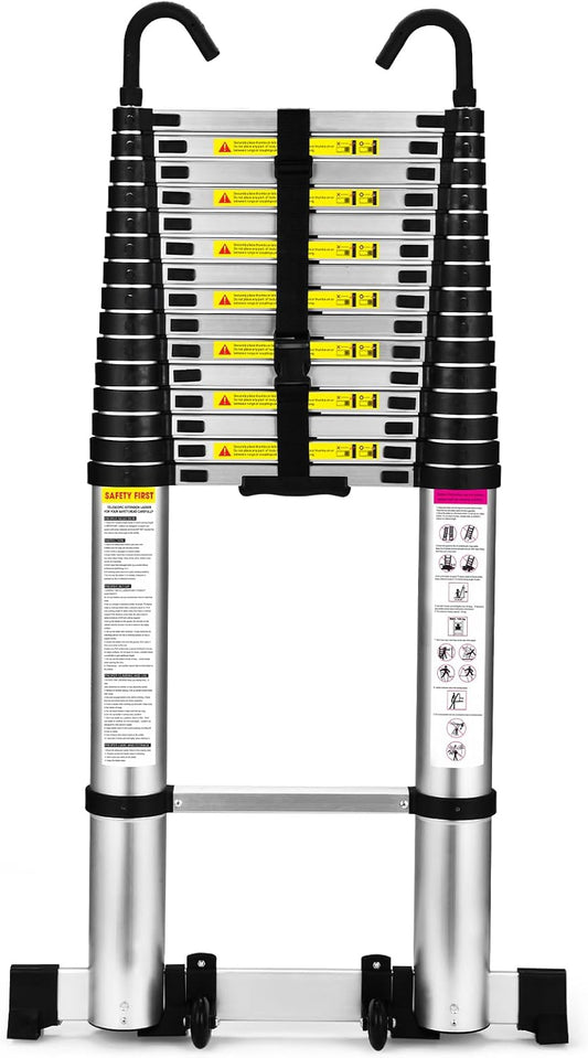 HBTower Telescopische ladder, aluminium, met haken, lichte uittrekbare ladder, uitschuifbare ladder, inklapbare ladder voor zolders, caravans, 150 kg draagvermogen, zilver