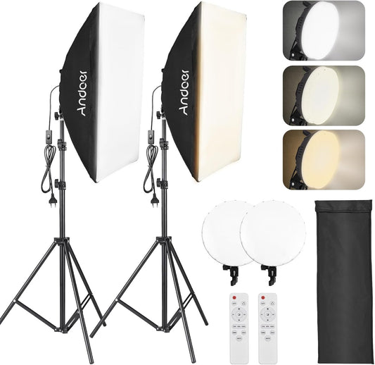 Softbox Set – Fotostudio – Studiolampen – Studioverlichting – Lichtset – 2 x 50 x 70 Cm – 2 x 80 W Tweekleurig Ledlicht 2800K-6000K – Met 2 x Lichtstatieven En Afstandsbediening