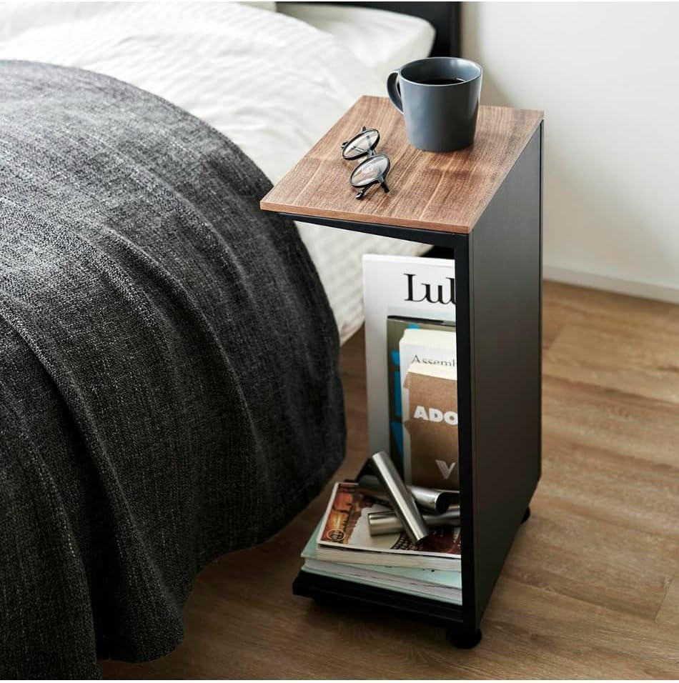 Yamazaki 1416 TOWER Tavolino Laterale Semichiuso con Piano in Legno e Ruote, nero,Acciaio/Legno/Nylon, minimalistisch, 22 x 31 x 55 cm (L x L x A)