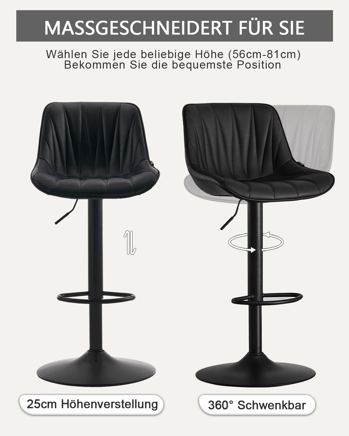 YOUTASTE Barkruk, set van 2 barstoelen, in hoogte verstelbaar, draaibaar met PU-leer, barkruk met rugleuning en voetensteun, zithoogte 57-82 cm, voor keuken, toonbank, bar, zwart