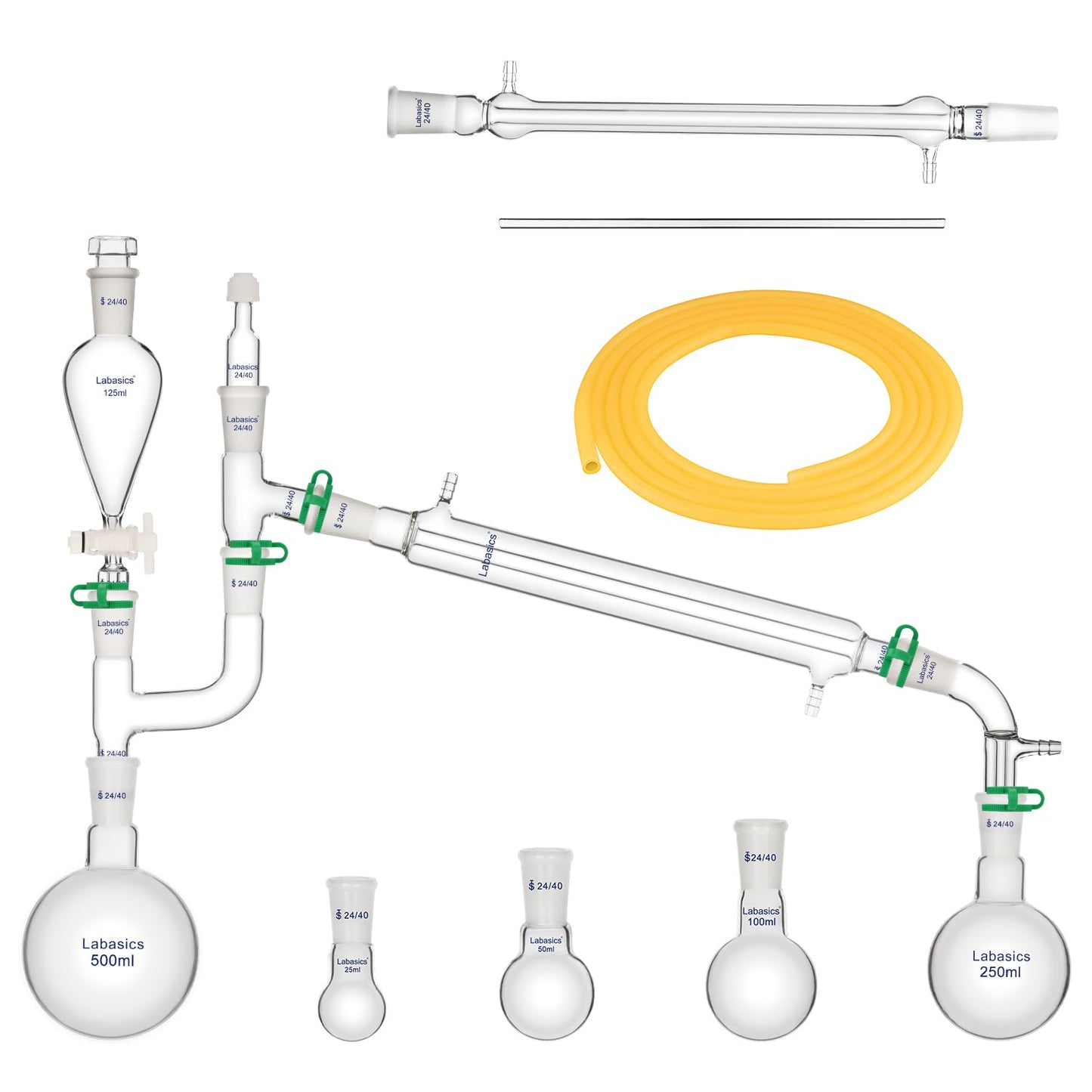 Labasics Laboratorium Destillatie Kit voor Extractie, 500 ml 20 Pcs Borosilicaat Glas Destillatie Apparatuur voor 24/40 Stoom Destillatie Set Glaswerk