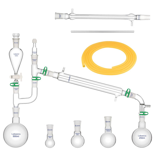 Labasics Laboratorium Destillatie Kit voor Extractie, 500 ml 20 Pcs Borosilicaat Glas Destillatie Apparatuur voor 24/40 Stoom Destillatie Set Glaswerk