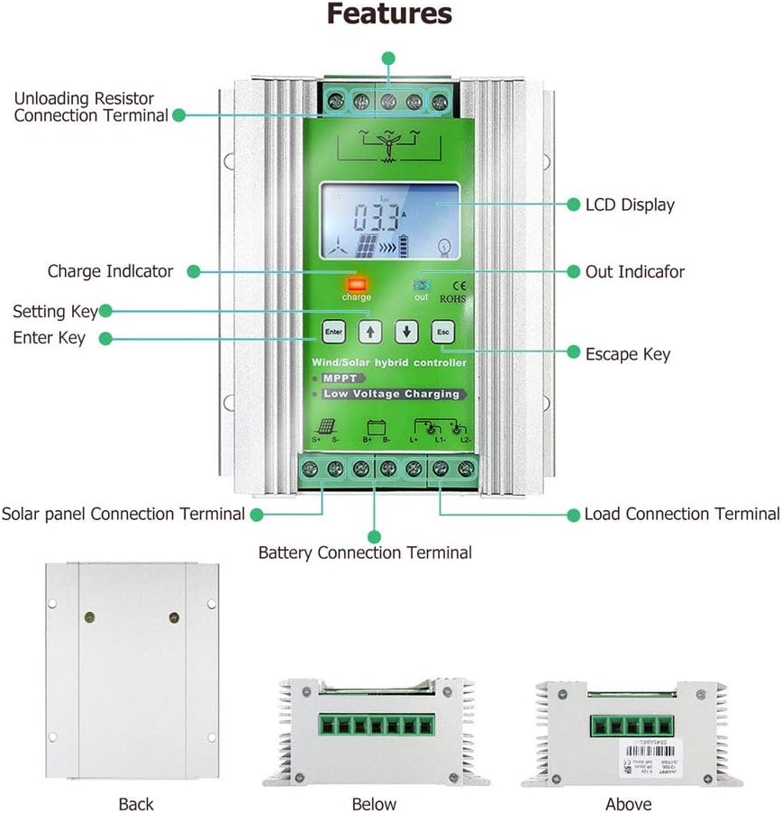 SolaMr 1000W MPPT Wind Solar Hybrid Charge Controller 400W Solar en 600W Wind Hybrid Charge Regulator 12V/24V Auto Identificatie Systeem Voltage