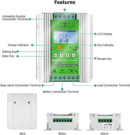 SolaMr 1000W MPPT Wind Solar Hybrid Charge Controller 400W Solar en 600W Wind Hybrid Charge Regulator 12V/24V Auto Identificatie Systeem Voltage