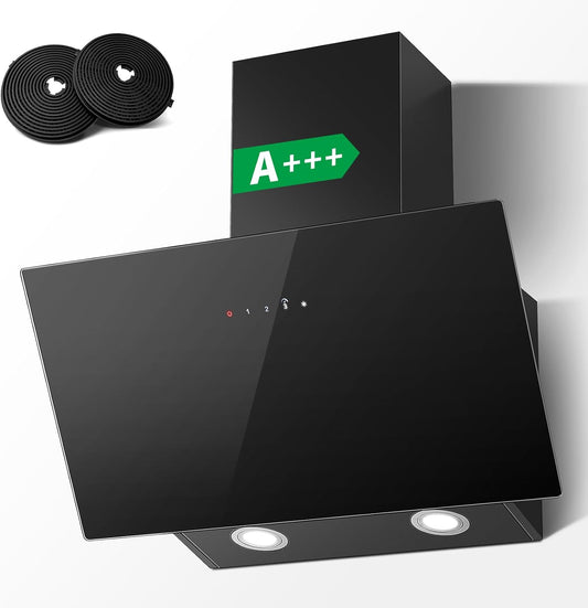 Afzuigkap 60 cm Zwart Glas – Schuine Afzuigkap – Wandafzuigkap – Schouwkap – Kopvrije Afzuigkap – 400 m³/h Afzuigvermogen – A+++ Energieklasse