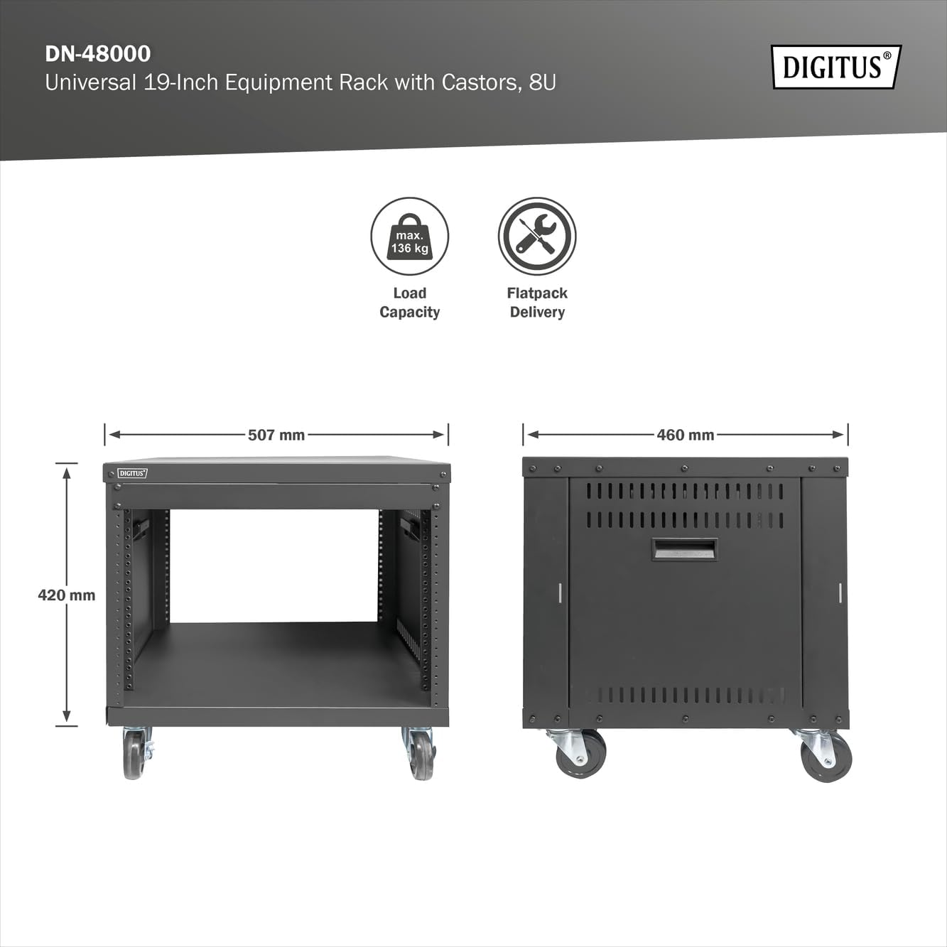 DIGITUS DN-48000 - Audiorek - 19-inch - 8U - Universeel apparatuurrek - Voor audio-video accessoires - Niet gemonteerd - Max. belasting 136 kg - Met wielen - Zwart