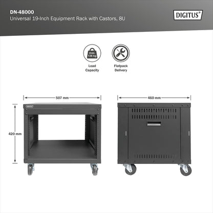DIGITUS DN-48000 - Audiorek - 19-inch - 8U - Universeel apparatuurrek - Voor audio-video accessoires - Niet gemonteerd - Max. belasting 136 kg - Met wielen - Zwart