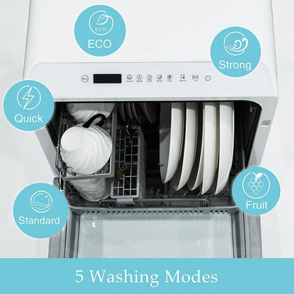 Mini Table Dishwasher, Portable, 5 Programs, Two Water Supply Modes with Touch Control, LED Display, Fruit Wash, Free Installation, White