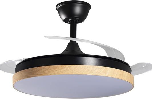 DRW Plafondventilator, zwart en hout, met intrekbare vleugels, 3 lichtkleuren en afstandsbediening, Ø 106 x 36-53 cm