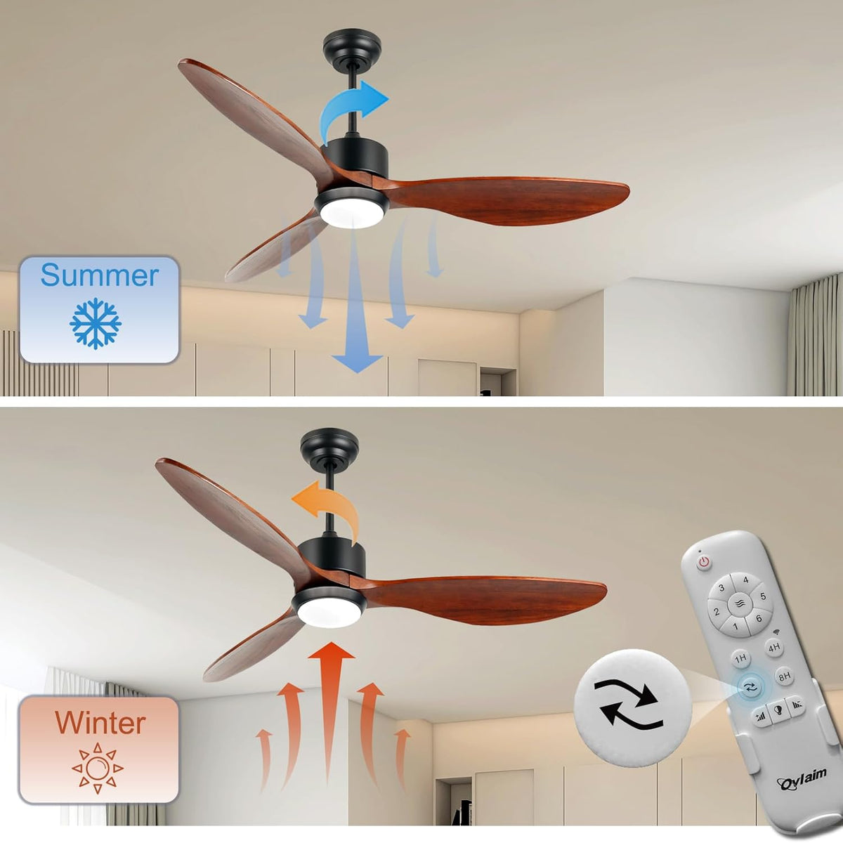 Ovlaim 132cm walnoot houten plafondventilatoren met afstandsbediening verlichting, 3-bladige propeller slimme plafondventilator voor binnen buiten, hoge luchtstroom stille DC-motor