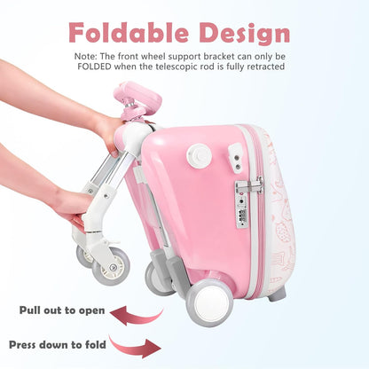Ride-On koffer voor kinderen, 2-in-1 lichtgewicht reisbagage met 360 ° Spinner wielen, duurzame Carry-On trolley tas voor meisjes jongens - Max belasting 50KG (Graffiti-stijl roze en wit)